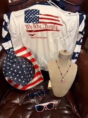 Patriotic American Flag Hoodie, cowboy hat, 2 shades, necklac- White, Red & Blue